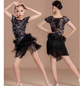 Girls kids black rose flowers fringe latin dance dresses salsa rumba chacha modern dance outfits for children